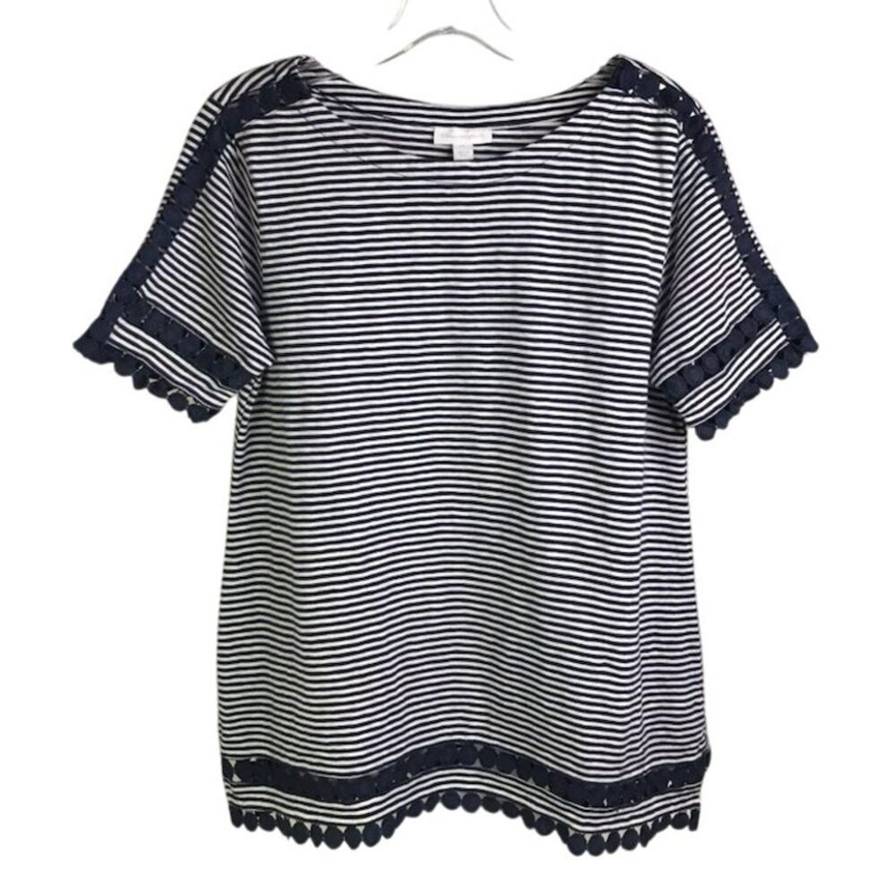 Charter Club‎ Top Womens size PL Blue White Pullover Striped PomPom Trim